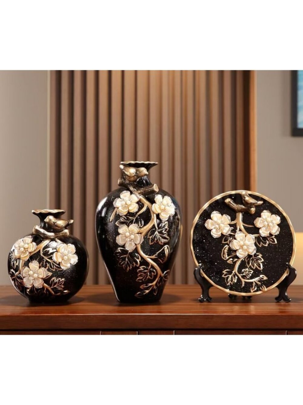Elegant 3D Flower Ceramic Vase Set of 3 - Classic Home Decor for Living Space